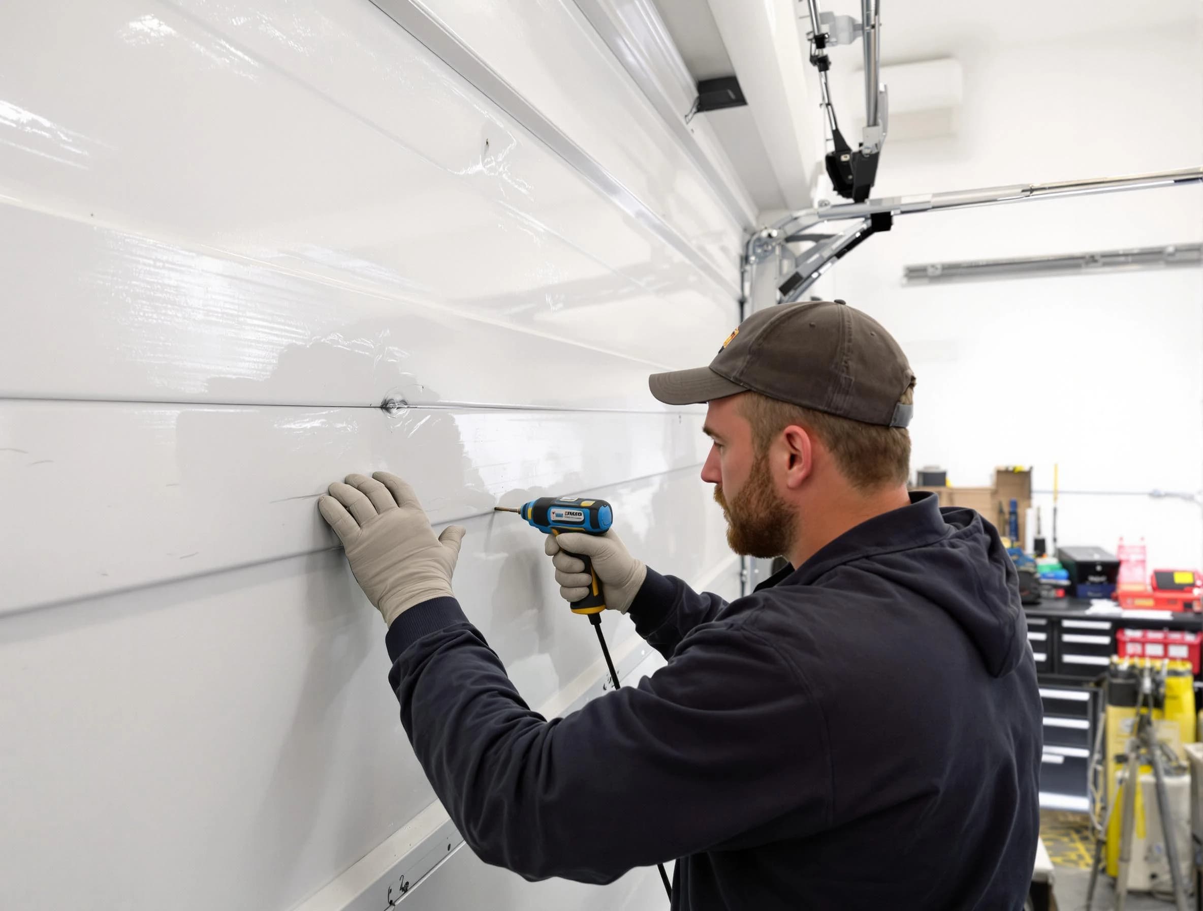 Genesee Garage Door Repair technician demonstrating precision dent removal techniques on a Genesee garage door